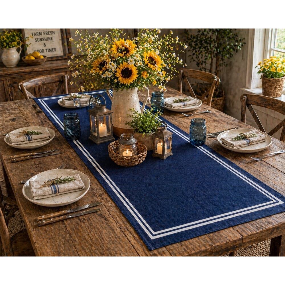 Denim Table Runner 72” Blue Cotton Farmhouse Stripe Rustic Decor